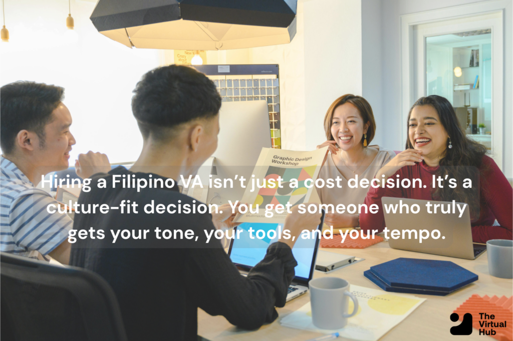 Filipino virtual assistant discussing work with fellow assistant and client.