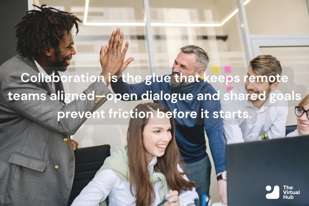 Global remote team practicing collaboration, feedback, and reflection to reduce workplace conflict.