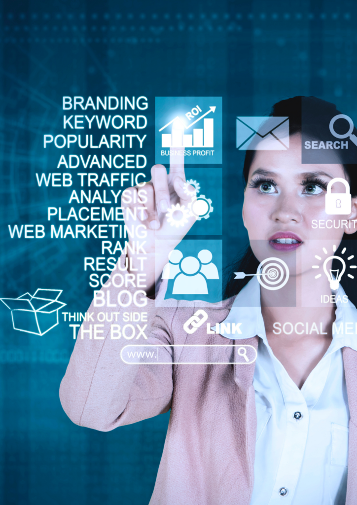 what is seo, why is seo important, woman pointing at a virtual screen listing several seo elements