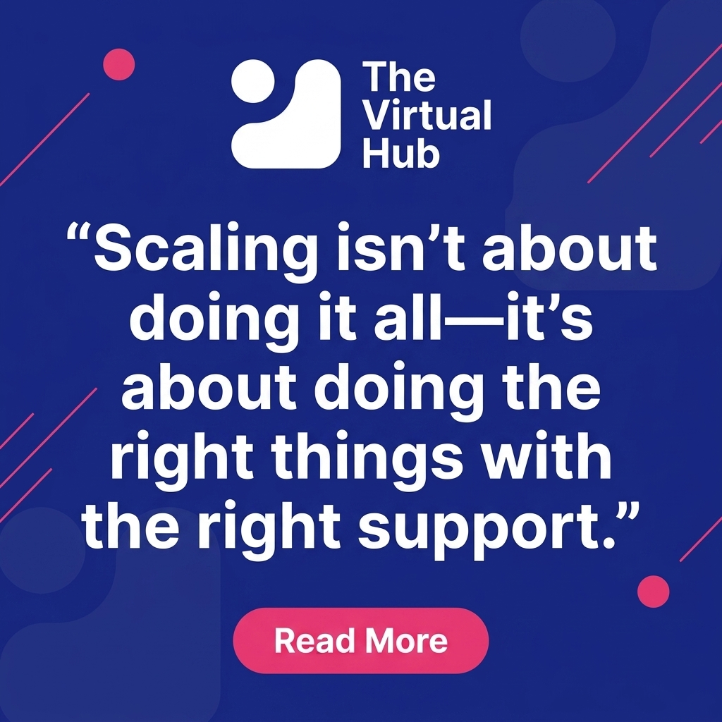  Square social media graphic with a motivational quote about scaling and a read more button in brand colors.