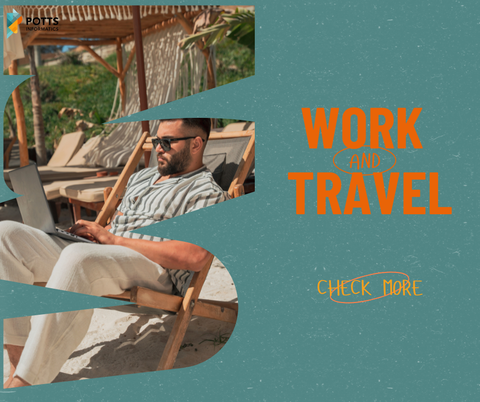 A digital nomad working on a laptop at the beach, showcasing work life balance tips for remote workers who travel.