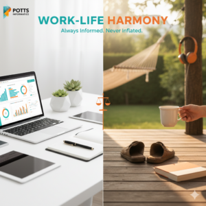 It is a split-screen graphic titled "WORK-LIFE HARMONY" with the tagline "Always Informed. Never Inflated." The design visually contrasts a professional environment with a relaxation setting to represent a balanced lifestyle.