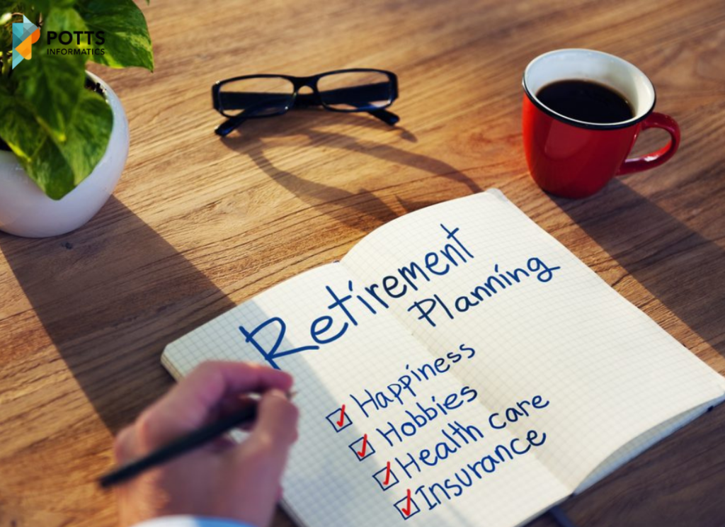 A hand holding a pen over an open notebook on a wooden desk. The page is titled "Retirement Planning" and features a checked-off list of priorities: Happiness, Hobbies, Health care, and Insurance. A red coffee mug, a pair of glasses, and a potted plant sit nearby.