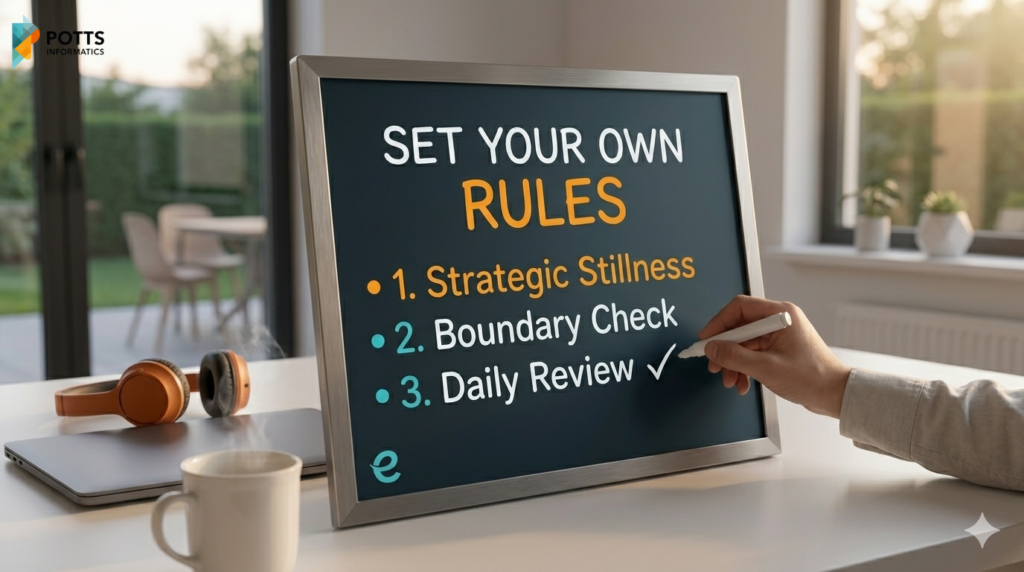 A hand checking off "Daily Review" on a tablet screen titled "SET YOUR OWN RULES." The list also includes "Strategic Stillness" and "Boundary Check." The scene is a bright, modern home office.