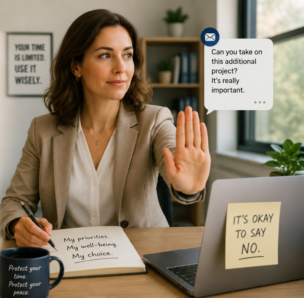 A woman gesturing a stop sign with her hand at her desk, setting clear boundaries to effectively manage work-life balance.