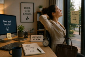 Desk workspace with inspirational signs including Breathe and Let Go, emphasizing leaving work at work and digital marketing tips for small businesses.