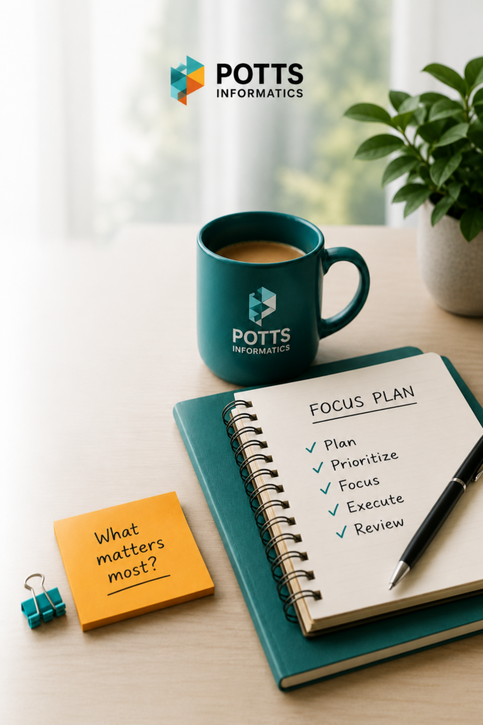 A Potts Informatics coffee mug resting on a notepad with a checklist labeled Focus Plan, illustrating work-life balance strategies.